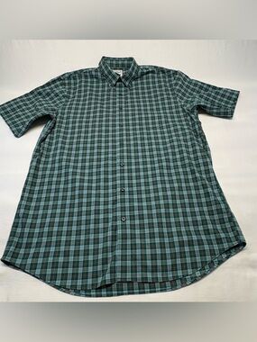 L.L. Bean Men’s M-Tall, Short Sleeve Button Down Plaid Shirt - Green/Blue